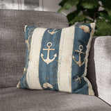 Nautical Coastal Blue Tonal Stripes Starfish Anchor Seashell Sand Texture Grunge Creamy White, Home Decor, Beach Pillow Cover