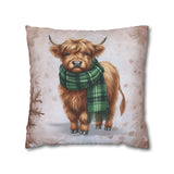 Christmas Throw Pillow Cover/ Highland Cow Watercolor Green Scarf Snowflakes Winter Holiday Decor