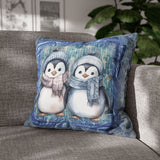 Christmas Throw Pillow Cover/ Winter Blue Watercolor Penguins With Scarves Holiday Decor