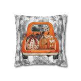 Halloween Pillow Cover/ Harvest Orange Pickup Truck With Pumpkins, Cute Ghost And Witch Decor