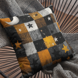Halloween Pillow Cover/ Black, Orange And White Check Pattern With Stars Grunge Decor