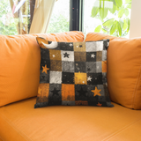 Halloween Pillow Cover/ Black, Orange And White Check Pattern With Stars Grunge Decor