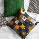 Halloween Pillow Cover/ Black, Orange And White Check Pattern With Stars Grunge Decor