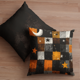 Halloween Pillow Cover/ Black, Orange And White Check Pattern With Stars Grunge Decor
