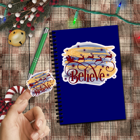 Christmas Stickers/ Red Believe In Santa Sleigh And Reindeer Laptop Decal, Planner, Journal Vinyl Stickers