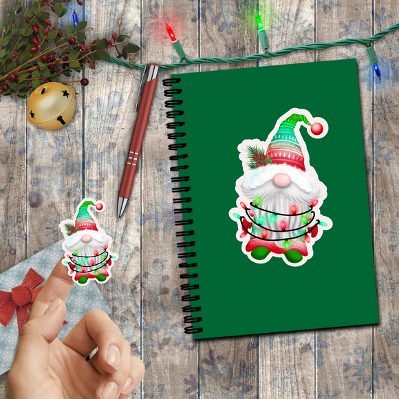 Christmas Stickers/ Holiday Gnome With String Lights Laptop Decal, Planner, Journal Vinyl Stickers