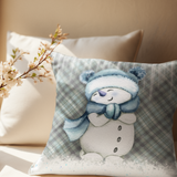 Christmas Throw Pillow Cover/ Cute Snowman Blue Mittens And Plaid Winter Holiday Decor