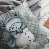 Christmas Throw Pillow Cover/ Cute Snowman Blue Mittens And Plaid Winter Holiday Decor