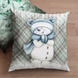 Christmas Throw Pillow Cover/ Cute Snowman Blue Mittens And Plaid Winter Holiday Decor