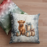 Christmas Throw Pillow Cover/ Highland Cow Watercolor Gifts And Snowflakes Winter Holiday Decor