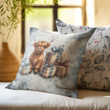 Christmas Throw Pillow Cover/ Highland Cow Watercolor Gifts And Snowflakes Winter Holiday Decor