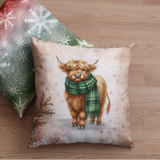 Christmas Throw Pillow Cover/ Highland Cow Watercolor Green Scarf Snowflakes Winter Holiday Decor