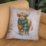 Christmas Throw Pillow Cover/ Highland Cow Watercolor Green Scarf Snowflakes Winter Holiday Decor