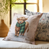 Christmas Throw Pillow Cover/ Highland Cow Watercolor Green Scarf Snowflakes Winter Holiday Decor