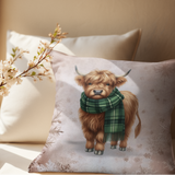 Christmas Throw Pillow Cover/ Highland Cow Watercolor Green Scarf Snowflakes Winter Holiday Decor