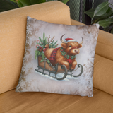 Christmas Throw Pillow Cover/ Highland Cow Old Fashion Sleigh Snowflakes Winter Holiday Decor