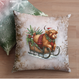 Christmas Throw Pillow Cover/ Highland Cow Old Fashion Sleigh Snowflakes Winter Holiday Decor