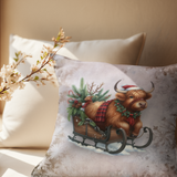 Christmas Throw Pillow Cover/ Highland Cow Old Fashion Sleigh Snowflakes Winter Holiday Decor