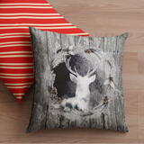 Christmas Pillow Cover/ Rustic Country Deer Pine Cone Wreath On Weathered Wood Background Holiday Décor