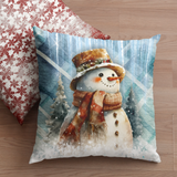 Christmas Throw Pillow Cover/ Rustic Top Hat Snowman On Winter Blue Plaid Holiday Decor
