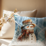 Christmas Throw Pillow Cover/ Rustic Top Hat Snowman On Winter Blue Plaid Holiday Decor