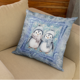 Christmas Throw Pillow Cover/ Winter Blue Watercolor Penguins With Scarves Holiday Decor