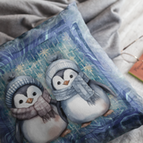 Christmas Throw Pillow Cover/ Winter Blue Watercolor Penguins With Scarves Holiday Decor