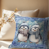 Christmas Throw Pillow Cover/ Winter Blue Watercolor Penguins With Scarves Holiday Decor