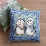 Christmas Throw Pillow Cover/ Winter Blue Watercolor Penguins With Scarves Holiday Decor