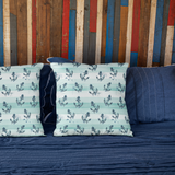 Tonal Aqua Stripes, Coastal Beach Theme Pillow Cover With Navy Nautical Anchor Pattern