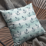 Tonal Aqua Stripes, Coastal Beach Theme Pillow Cover With Navy Nautical Anchor Pattern