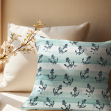 Tonal Aqua Stripes, Coastal Beach Theme Pillow Cover With Navy Nautical Anchor Pattern