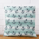 Tonal Aqua Stripes, Coastal Beach Theme Pillow Cover With Navy Nautical Anchor Pattern
