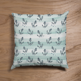 Tonal Aqua Stripes, Coastal Beach Theme Pillow Cover With Navy Nautical Anchor Pattern