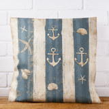 Nautical Coastal Blue Tonal Stripes Starfish Anchor Seashell Sand Texture Grunge Creamy White, Home Decor, Beach Pillow Cover