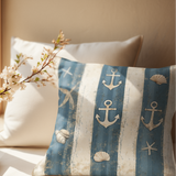 Nautical Coastal Blue Tonal Stripes Starfish Anchor Seashell Sand Texture Grunge Creamy White, Home Decor, Beach Pillow Cover