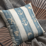Nautical Coastal Blue Tonal Stripes Starfish Anchor Seashell Sand Texture Grunge Creamy White, Home Decor, Beach Pillow Cover