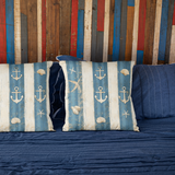 Nautical Coastal Blue Tonal Stripes Starfish Anchor Seashell Sand Texture Grunge Creamy White, Home Decor, Beach Pillow Cover