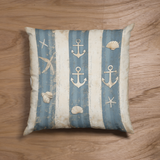 Nautical Coastal Blue Tonal Stripes Starfish Anchor Seashell Sand Texture Grunge Creamy White, Home Decor, Beach Pillow Cover