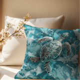 Coastal Sea Turtle Pillow Cover, Aqua Blue Ocean Waves Beach Foam Bubbles, Home Decor Gift, Coastal Throw