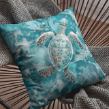 Coastal Sea Turtle Pillow Cover, Aqua Blue Ocean Waves Beach Foam Bubbles, Home Decor Gift, Coastal Throw