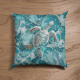 Coastal Sea Turtle Pillow Cover, Aqua Blue Ocean Waves Beach Foam Bubbles, Home Decor Gift, Coastal Throw