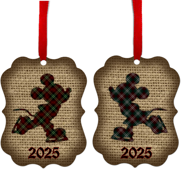 Disney Christmas Plaid And Burlap Ornament Set/ Mickey And Minnie Ice Skating 2025 Holiday Ornament/ Gift Tags
