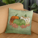 Fall Pillow Cover/ Green, Orange, Gold Marbled Pumpkin Trio With Copper Autumn Leaves Decor