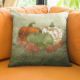 Fall Pillow Cover/ Green, Orange, Gold Marbled Pumpkin Trio With Copper Autumn Leaves Decor