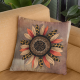 Fall Pillow Cover/ Leopard Print Chestnut Brown, Orange And Cream Autumn Sunflower On Rustic Farmhouse Wood