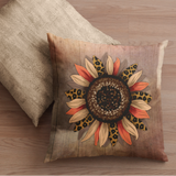Fall Pillow Cover/ Leopard Print Chestnut Brown, Orange And Cream Autumn Sunflower On Rustic Farmhouse Wood