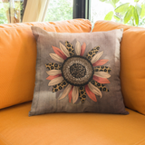 Fall Pillow Cover/ Leopard Print Chestnut Brown, Orange And Cream Autumn Sunflower On Rustic Farmhouse Wood