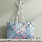 Flamingo Tote Rope Handle Bag/ Tropical Leaves Hibiscus Flowers Coastal Large Weekender Beach Bag