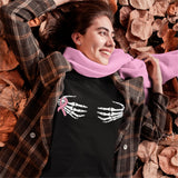 Halloween Funny Groping Skeleton Hands On Boobs Breast Cancer Ribbon Shirt